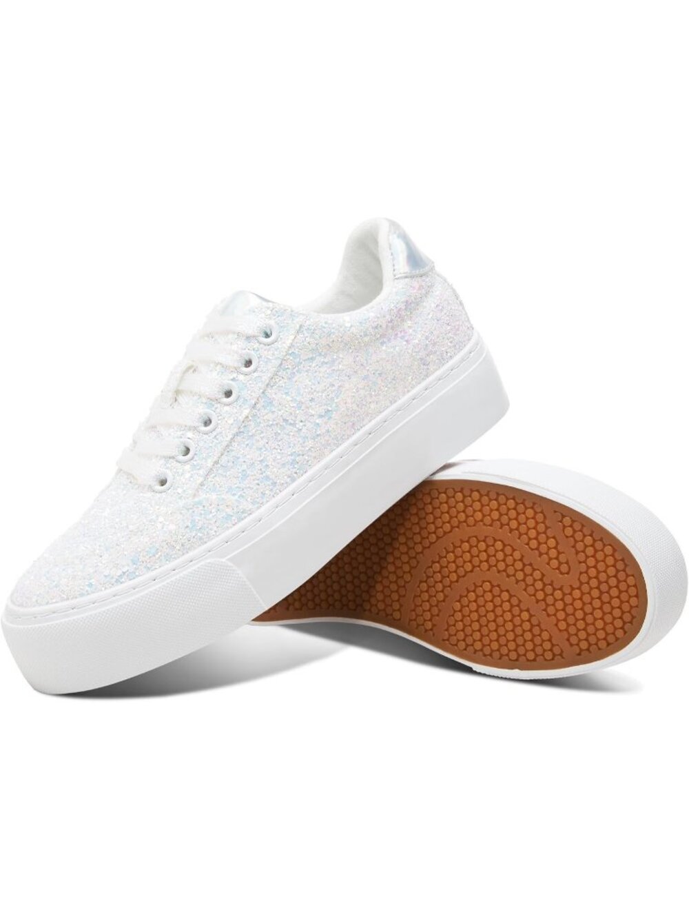Women's White Glitter Shiny Sequin Sparkly Bling Thick Sole Walking Sneakers